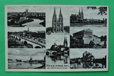 AK Regensburg / 1930-1940er Jahre / Donau Hafen / Donau Lände / Steinerne Brücke mit Straßenbahn / Dom